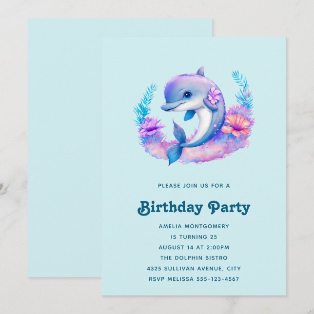 Convite Aniversário de Criatura Marinha de Golfinho Fofo (Frente/Verso)