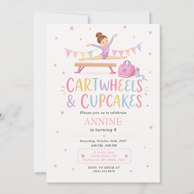 Convite Aniversário de Cupcake de Ginástica Personalizado  (Frente)