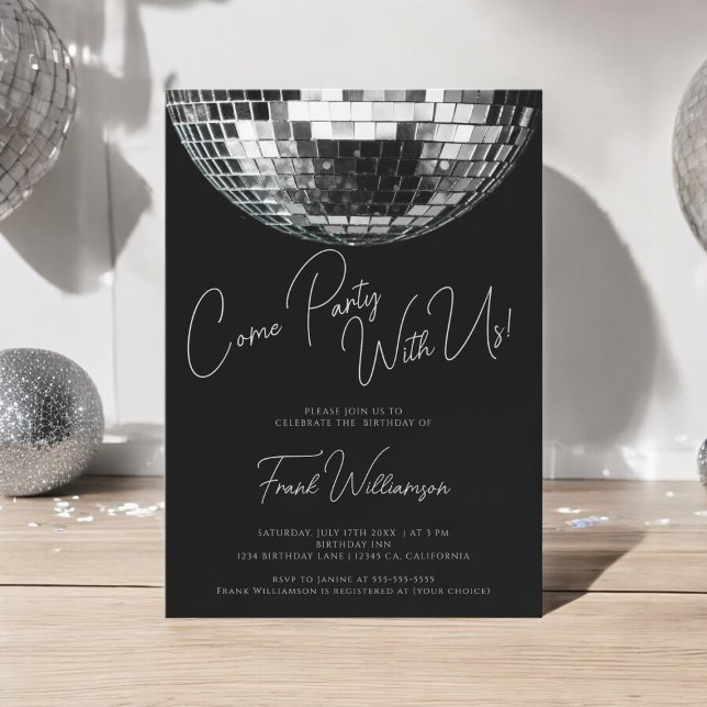 Convite Aniversário de dança moderna e negra da discoteca (disco ball unisex birthday invitation , fully editable to suite your needs)
