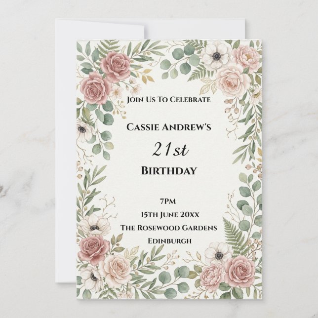 Convite Aniversário de Data Marcante Blush Greenery (Frente)