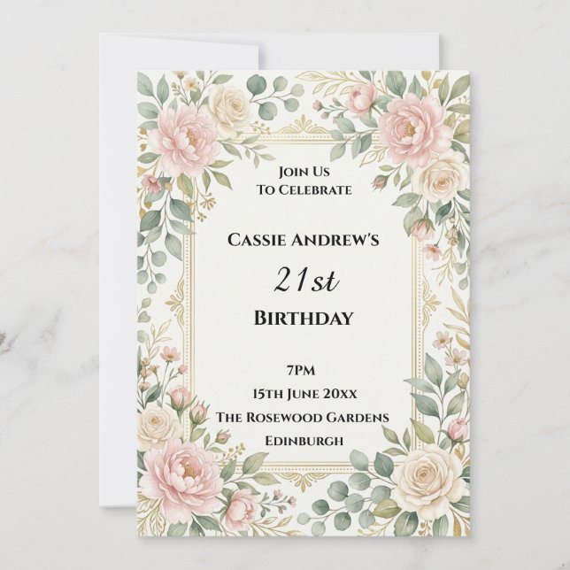 Convite Aniversário de Data Marcante Blush Rose Greenery (Frente)