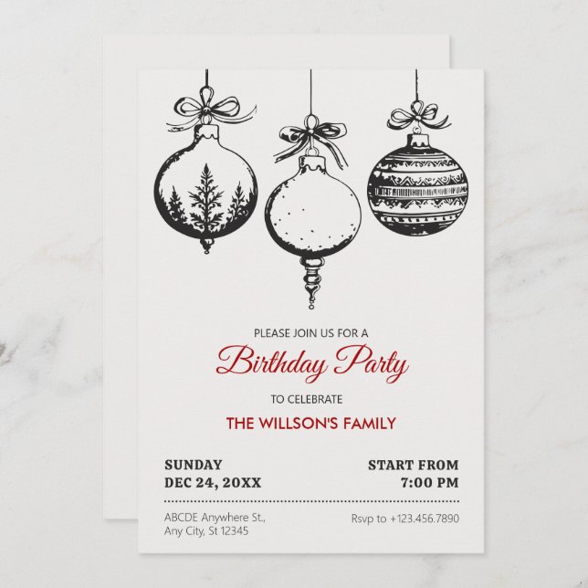 Convite Aniversário de decoração de bola de Natal (Frente/Verso)