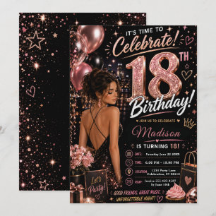 Convite Aniversário de Dezoito anos Rosa e Preto Glam