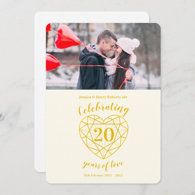 Convite Aniversário de Diamante Dourado 20 anos foto (Frente/Verso)