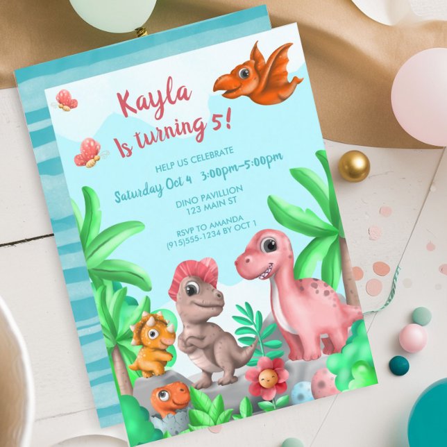 Convite Aniversário de Dinossauro de Menina (Girl's Dinosaur Birthday Party Invitation)