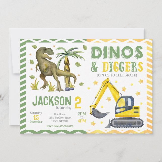 Convite Aniversário de Dinossauro e Construção (Frente)