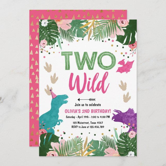 Convite Aniversário de Dinossauro Rosa Rosa, Duas Festas d (Frente/Verso)
