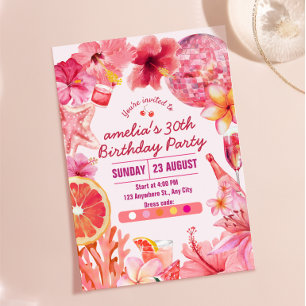 Convite Aniversário de Disco Tropical de Verão Rosa Festa