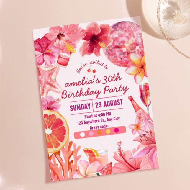 Convite Aniversário de Disco Tropical de Verão Rosa Festa  (Tropical Disco Birthday Summer Pink Party Birthday Invitation)