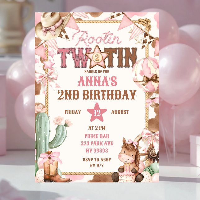 Convite Aniversário de dois anos Pink Rootin Two-Tin (Criador carregado)