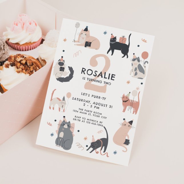 Convite Aniversário de duas meninas - Gata Rosa  (Girls Cat Themed Birthday Invite)