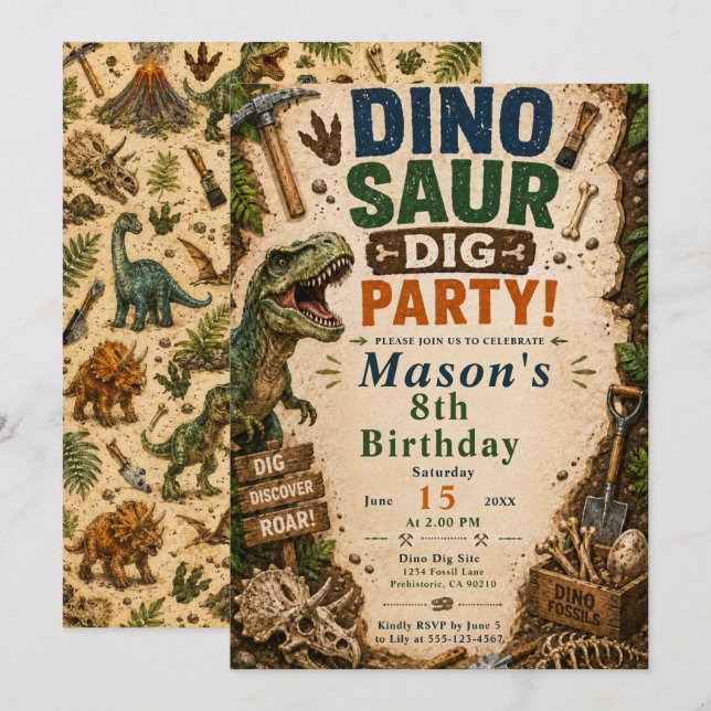 Convite Aniversário de Escavação de Dinossauro (Frente/Verso)