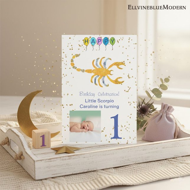 Convite Aniversário de Escorpião Dourado, Balões & Foto (Scorpio 5” x 7” Photo Invite. Visit Scorpio Zodiac Birthday Party Collection for more items.)