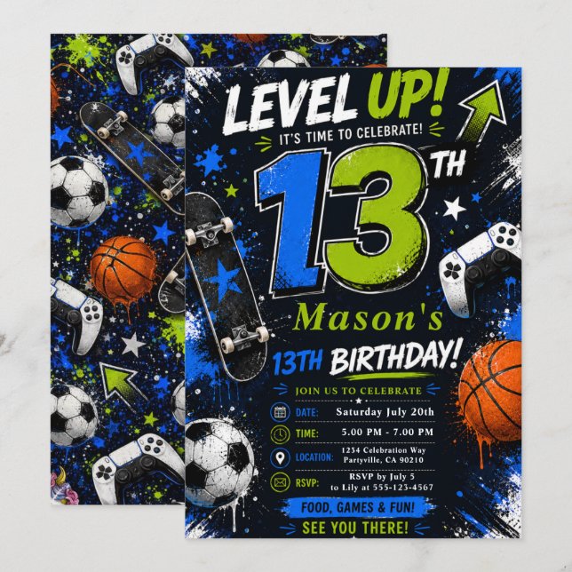 Convite Aniversário de Esportes de Jogos Level Up (Frente/Verso)