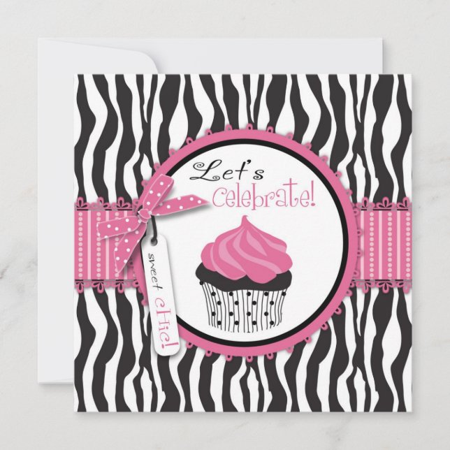 Convite Aniversário de Estampa de Zebra & Cupcake (Frente)