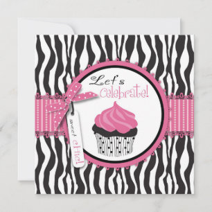Convite Aniversário de Estampa de Zebra & Cupcake