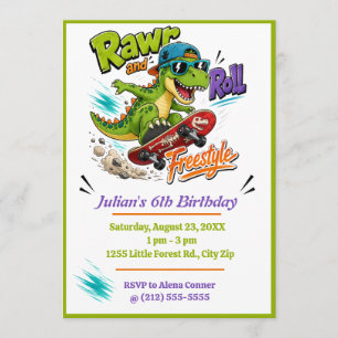 Convite Aniversário de Estilo de Skate Livre de Dinossauro