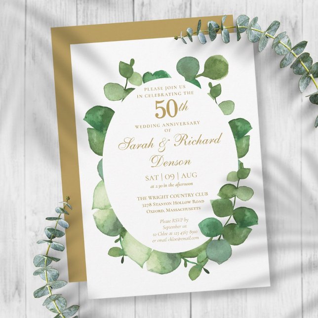 Convite Aniversário de Eucalipto Boho Greenery Dourado 50º (Criador carregado)