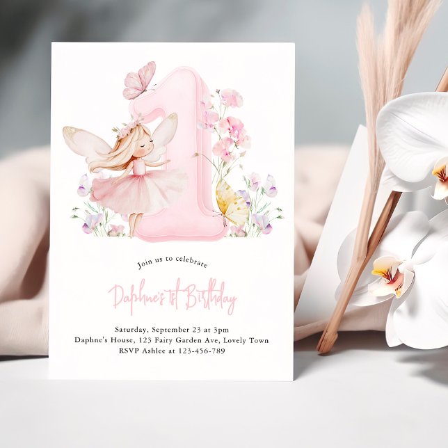 Convite Aniversário de Fada Número Um Rosa para Meninas (Fairy First Birthday Invitation with Pink Number One, Fairy, Sweet Peas and Butterflies)
