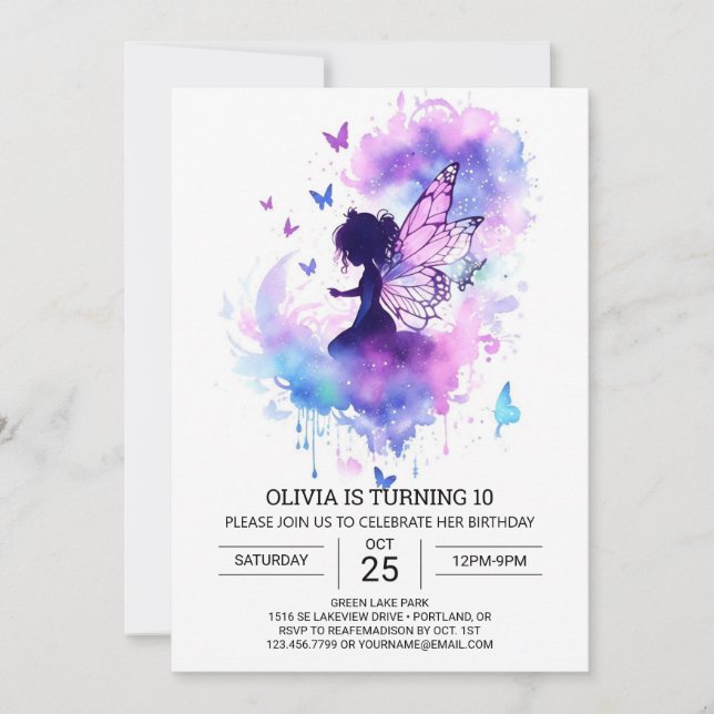 Convite Aniversário de Fada Personalizada da Aquarela (Frente)