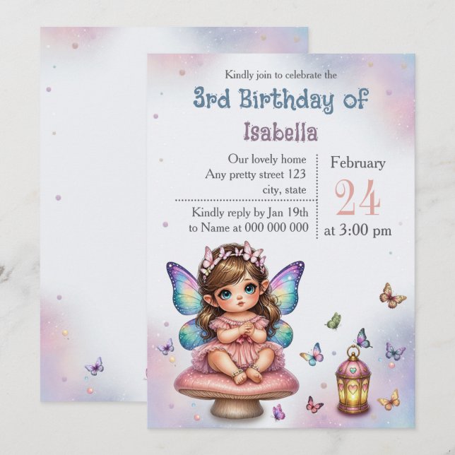 Convite Aniversário de fadazinha adorável (Frente/Verso)