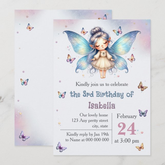 Convite Aniversário de fadazinha adorável (Frente/Verso)