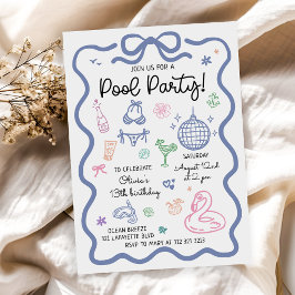 Convite Aniversário de Festa de Piscina de Verão Desenhada