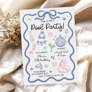 Convite Aniversário de Festa de Piscina de Verão Desenhada