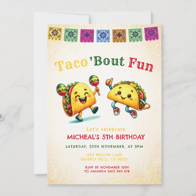 Convite Aniversário de Festa Mexicana Taco 'bout (Frente)