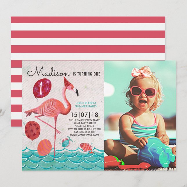 Convite Aniversário de Flamingo rosa e azul turquesa Tropi (Frente/Verso)