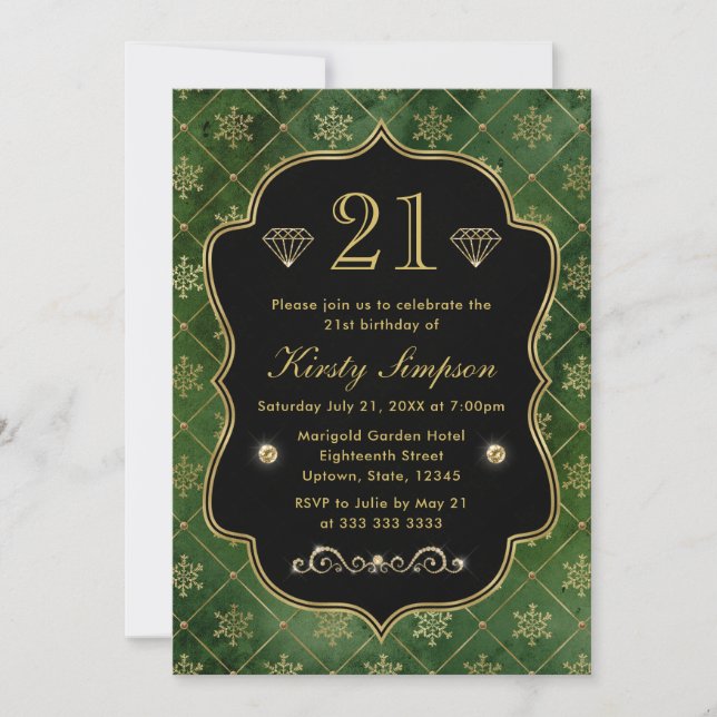 Convite Aniversário de flocos de neve verdes e Dourados El (Frente)