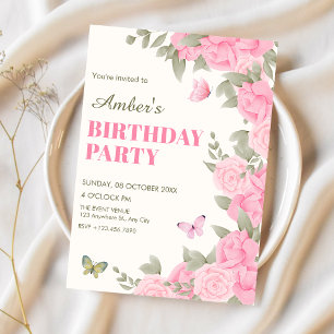 Convite Aniversário de flor de blossom rosa
