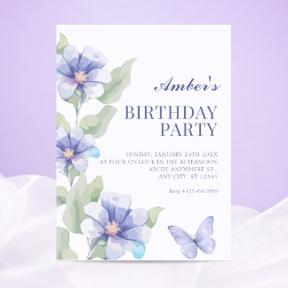 Convite Aniversário de flor de floração roxa