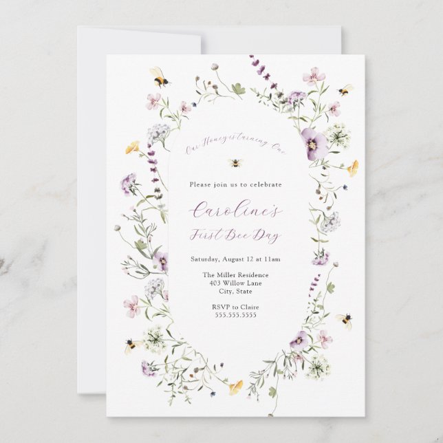 Convite Aniversário de flor selvagem roxa de nossa Abelha (Frente)