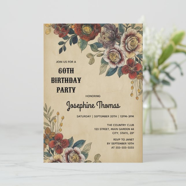 Convite Aniversário de Flor Vintage (Em pé/Frente)