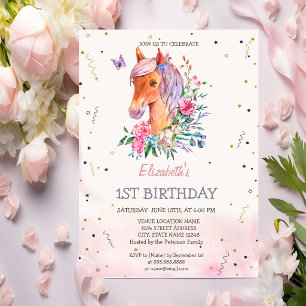 Convite Aniversário de Flores de Pônei de Aquarela