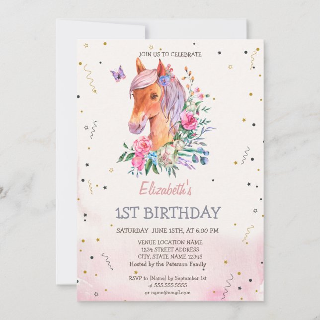 Convite Aniversário de Flores de Pônei de Aquarela (Frente)