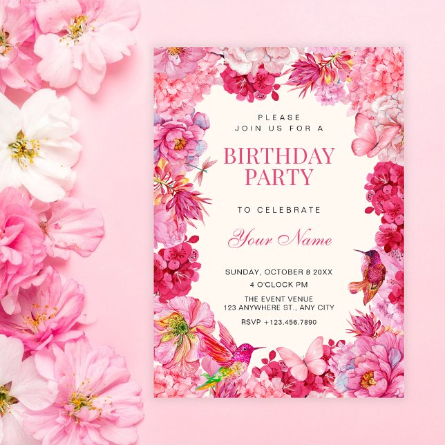 Convite Aniversário de flores florais rústicas rosa (Criador carregado)