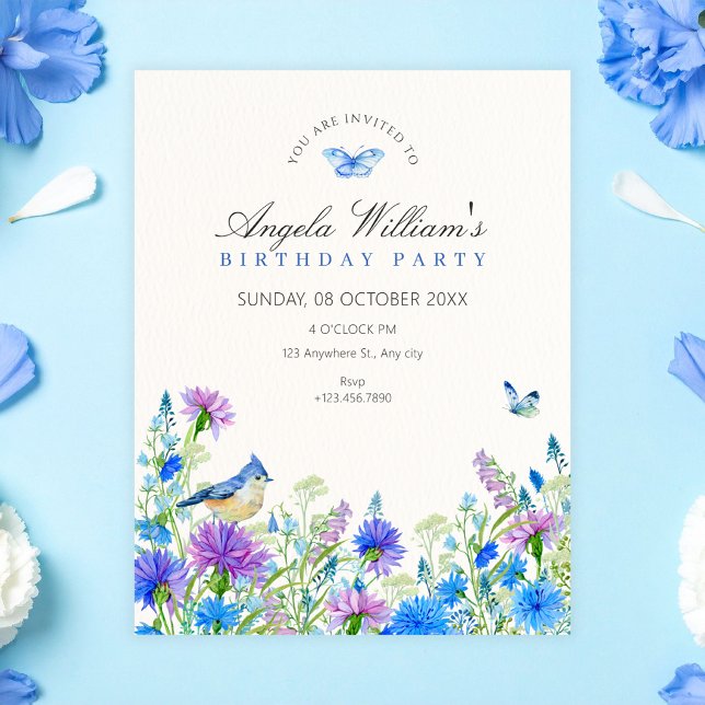 Convite Aniversário de flores silvestres azuis (Criador carregado)