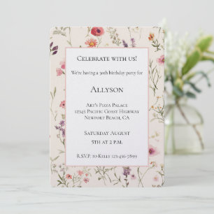 Convite Aniversário de Flores Vermelhas Rosas Roxas Bonita