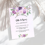 Convite Aniversário de flores violetas<br><div class="desc">Um fundo violeta,  lavanda,  de cor aquosa. Decorado com flores violetas e púrpuras de cor aquosa e verde. Personalize e adicione seu nome e detalhes da festa.</div>