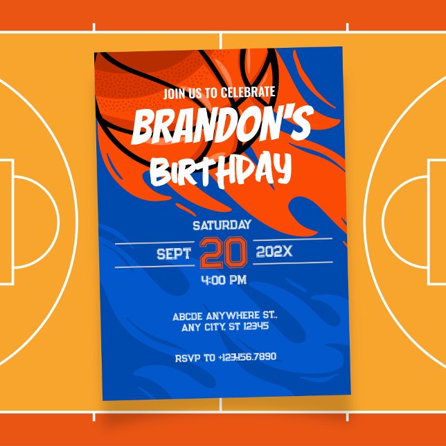 Convite Aniversário de fogo de basquete laranja e azul (Criador carregado)