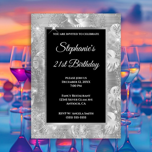 Convite Aniversário de Folhas de Palmeira com Brilho Prate (Silver Glitter Palm and Monstera Leaves Birthday Invitation)