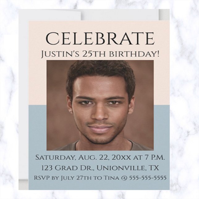 Convite Aniversário de Foto Azul de Rosa e Mar Editável (Criador carregado)