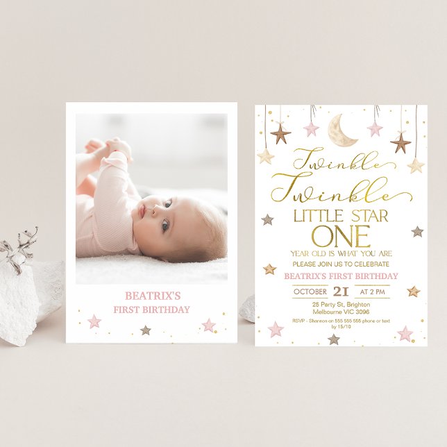 Convite Aniversário de Foto de Estrela Pequena e Dourada R (Twinkle twinkle little star girl's birthday invitation featuring some faux gold text and a photo.)