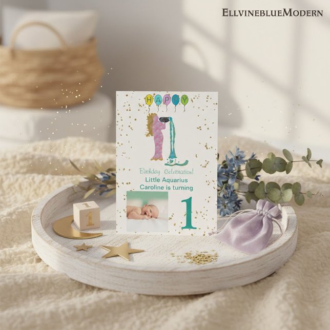 Convite Aniversário de Foto e Aquário com Dourado e Balões (Criador carregado)