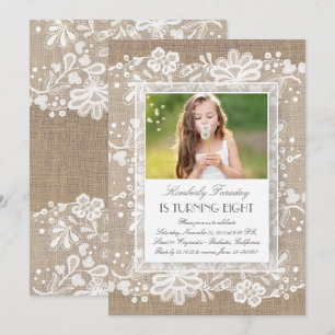 Convite Aniversário de Foto Elegante de Lace e Burlap Vint