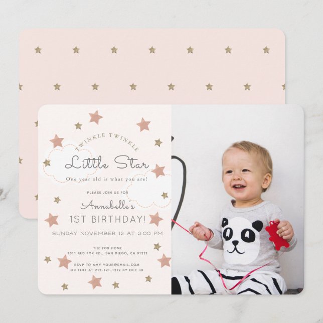 Convite Aniversário de Foto em Estrela Pequena e Brilhante (Frente/Verso)