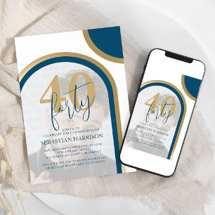 Convite Aniversário de Foto Retro Azul e Dourado 40º