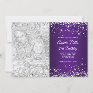 Convite Aniversário de Foto Roxo Real de Silver Glitter